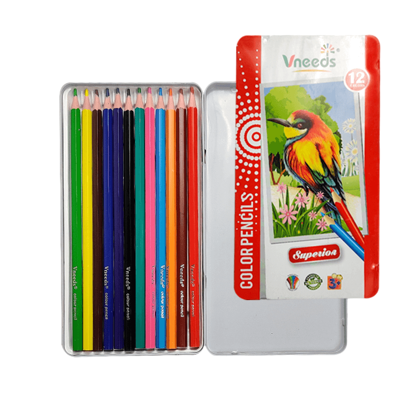 Vneeds Metal Tin Box with 12 Colored Pencils for Inspired Drawing