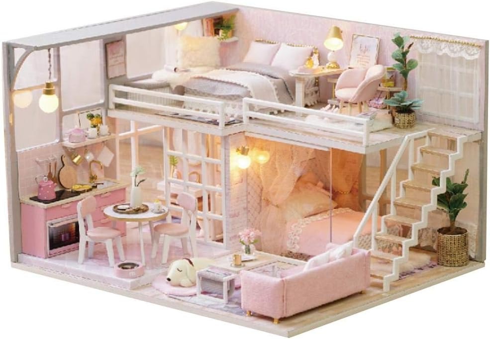 Wooden Miniature Doll Houses with Furniture and LED Lights