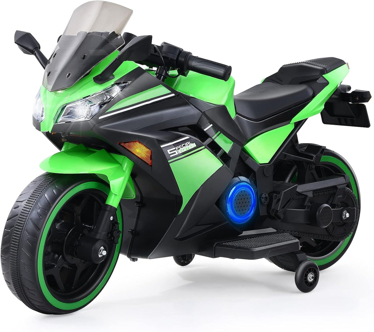 12V Kids Motorcycle with Training Wheels, Colorful Lights And Music