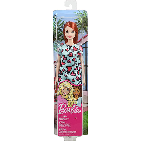 barbie doll red hair wearing yellow and purple heart print dress