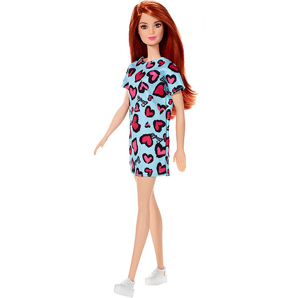 barbie doll red hair wearing yellow and purple heart print dress
