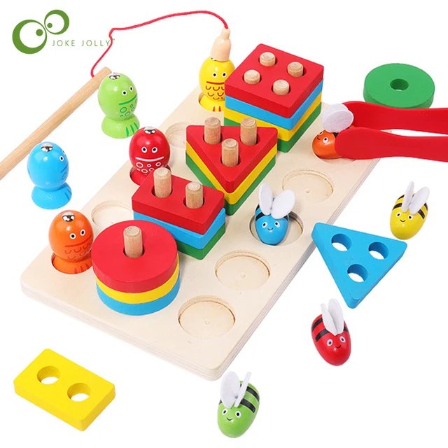 3 in 1 Wooden Toy 4 Column Fishing and Bee Clipping