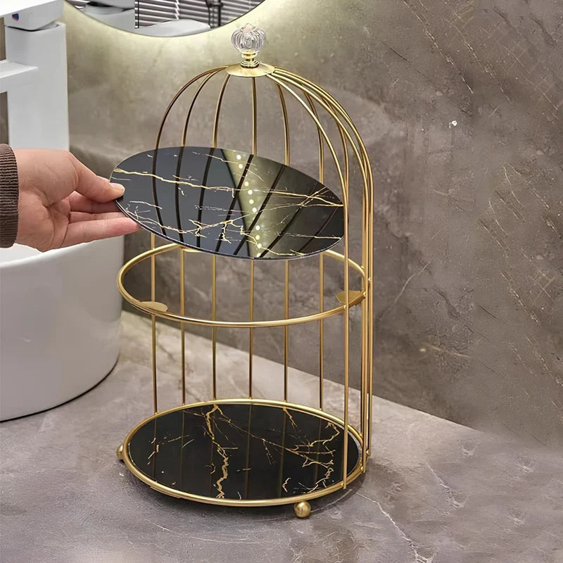 Multi Layer Makeup Organizer In Metal Bird Cage Shape
