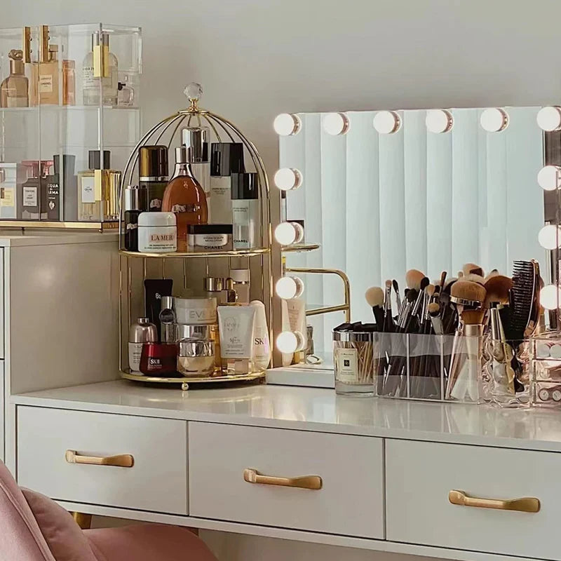Multi Layer Makeup Organizer In Metal Bird Cage Shape