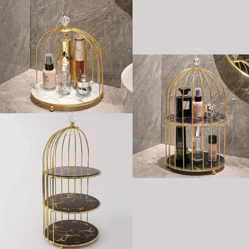 Multi Layer Makeup Organizer In Metal Bird Cage Shape