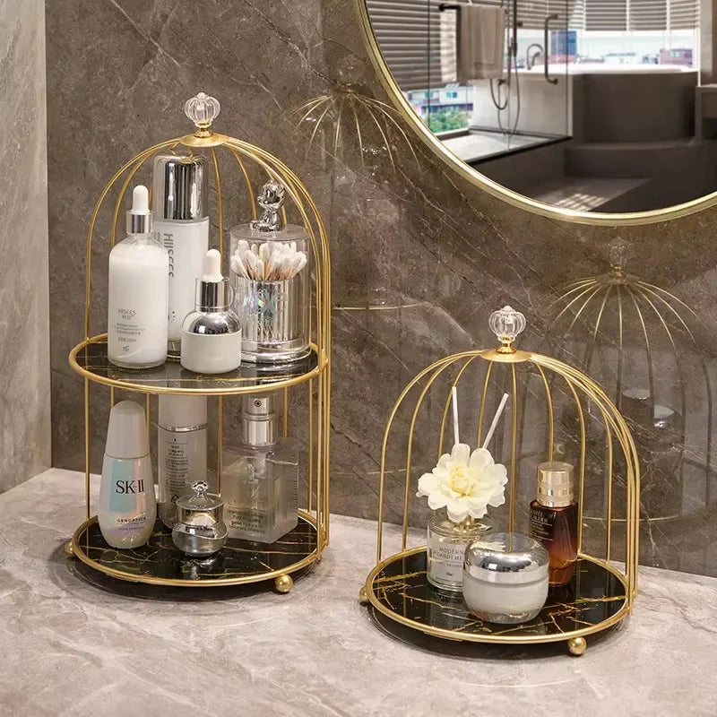 Multi Layer Makeup Organizer In Metal Bird Cage Shape