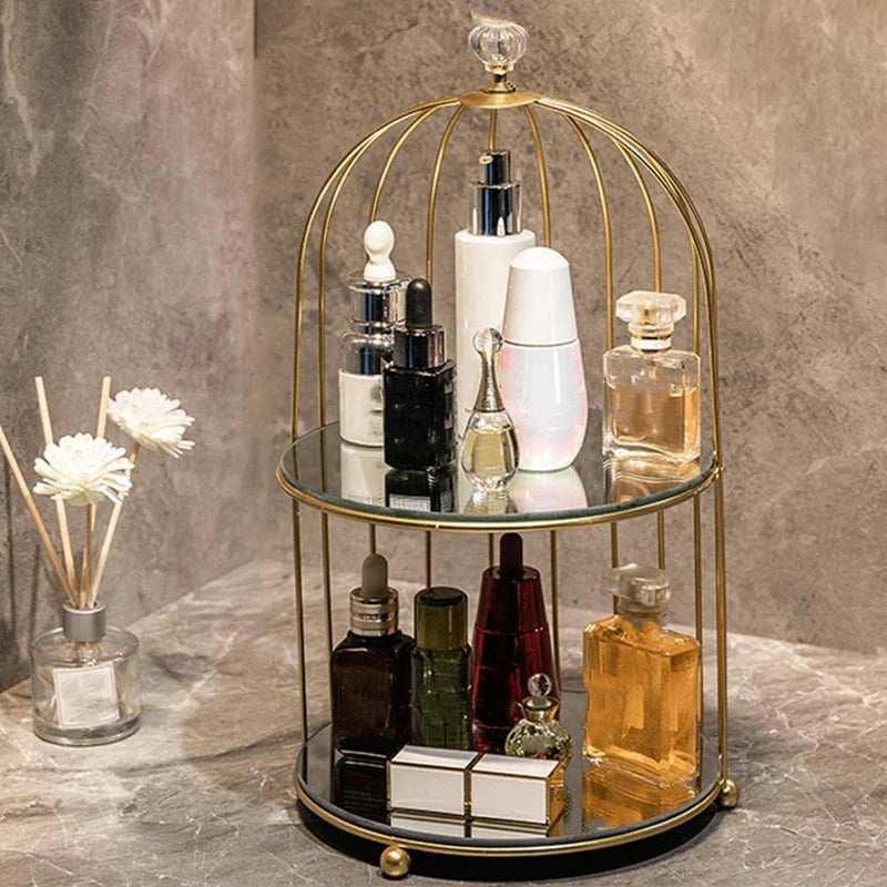Multi Layer Makeup Organizer In Metal Bird Cage Shape