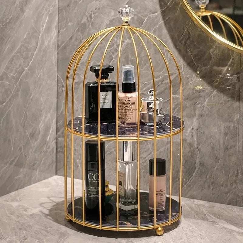 Multi Layer Makeup Organizer In Metal Bird Cage Shape
