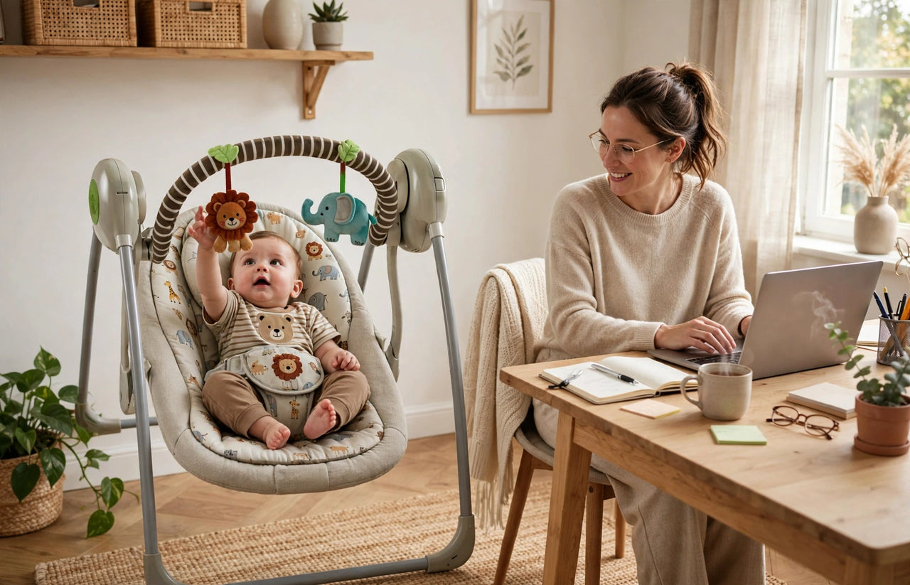 Ingenuity Portable Baby Swing beside mom's desk
