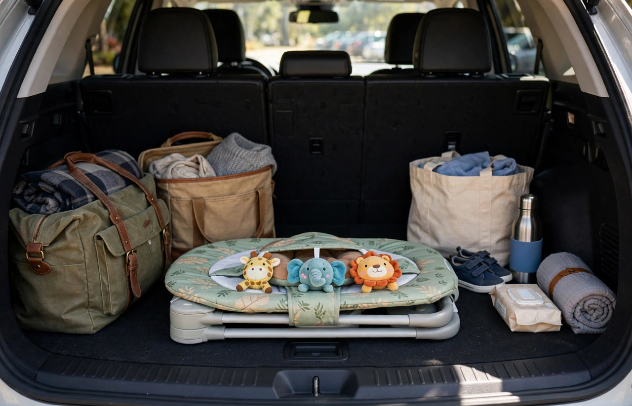 Ingenuity Portable Baby Swing folded in car trunk