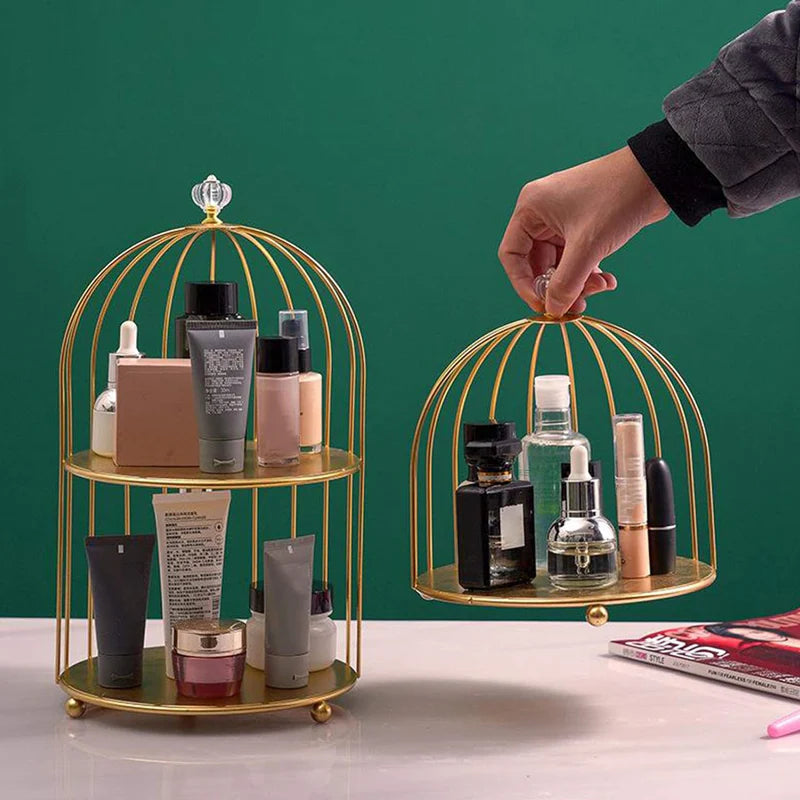 Multi Layer Makeup Organizer In Metal Bird Cage Shape