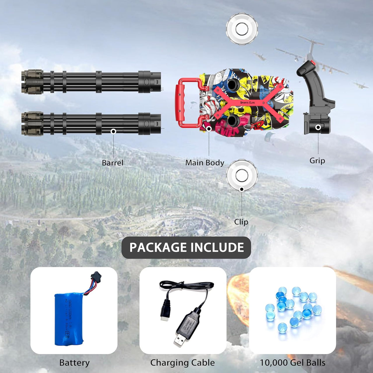 Rotating Barrels Gel Ball Machine Gun With Light