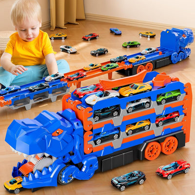 Dinosaur Car Eating Truck Track Set with 12 Mini Cars( Large Size)