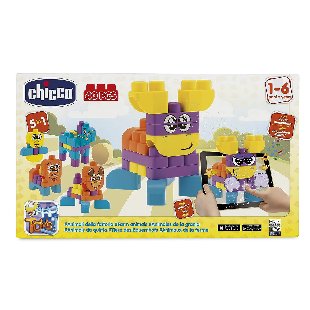 Chicco Toy Building Blocks Animals - 40 Pieces, Multi Color