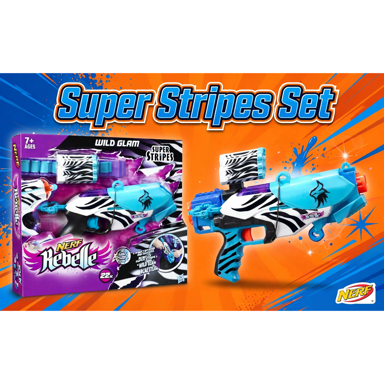 Nerf Rebelle Super Stripes Wild Glam Blaster Set by Hasbro — hero
