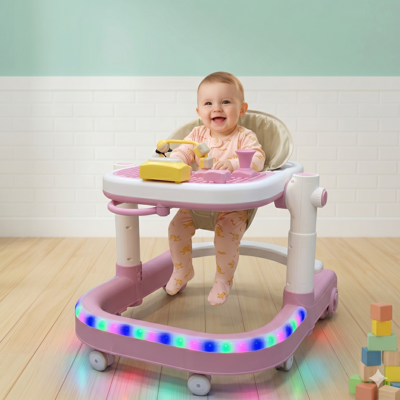 Pink Baby Walker with LED Lights & Activity Tray Height Adjustable