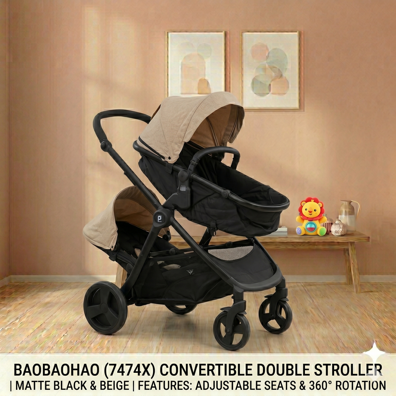 Convertible Double Stroller 360° Wheels & Adjustable Seats