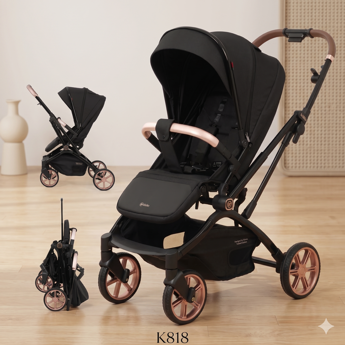 Premium Baby Stroller | Rose Gold Wheels & Cognac Leather Handle