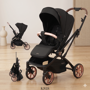 Premium Baby Stroller | Rose Gold Wheels & Cognac Leather Handle