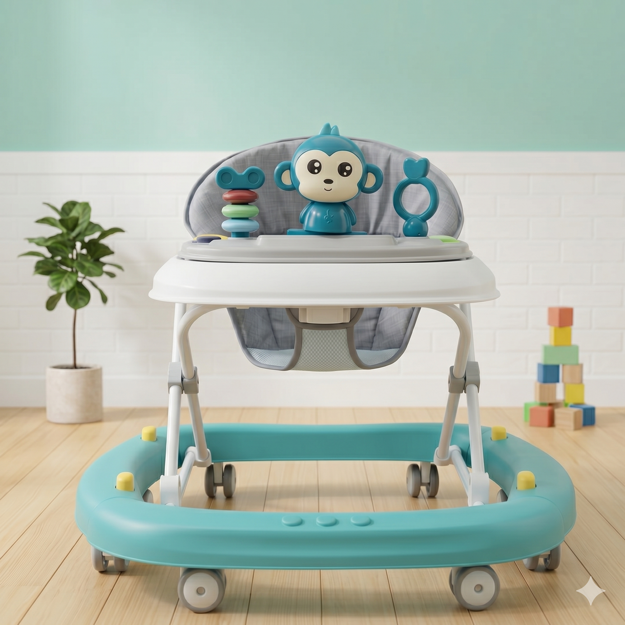 Monkey Baby Walker with Stacking Rings & Activity Toys Teal Design