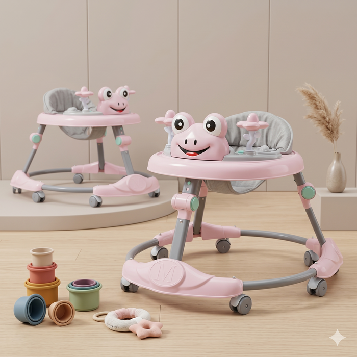 Frog Baby Walker with Full Frog Face Tray Pink Foldable Height Adjustable