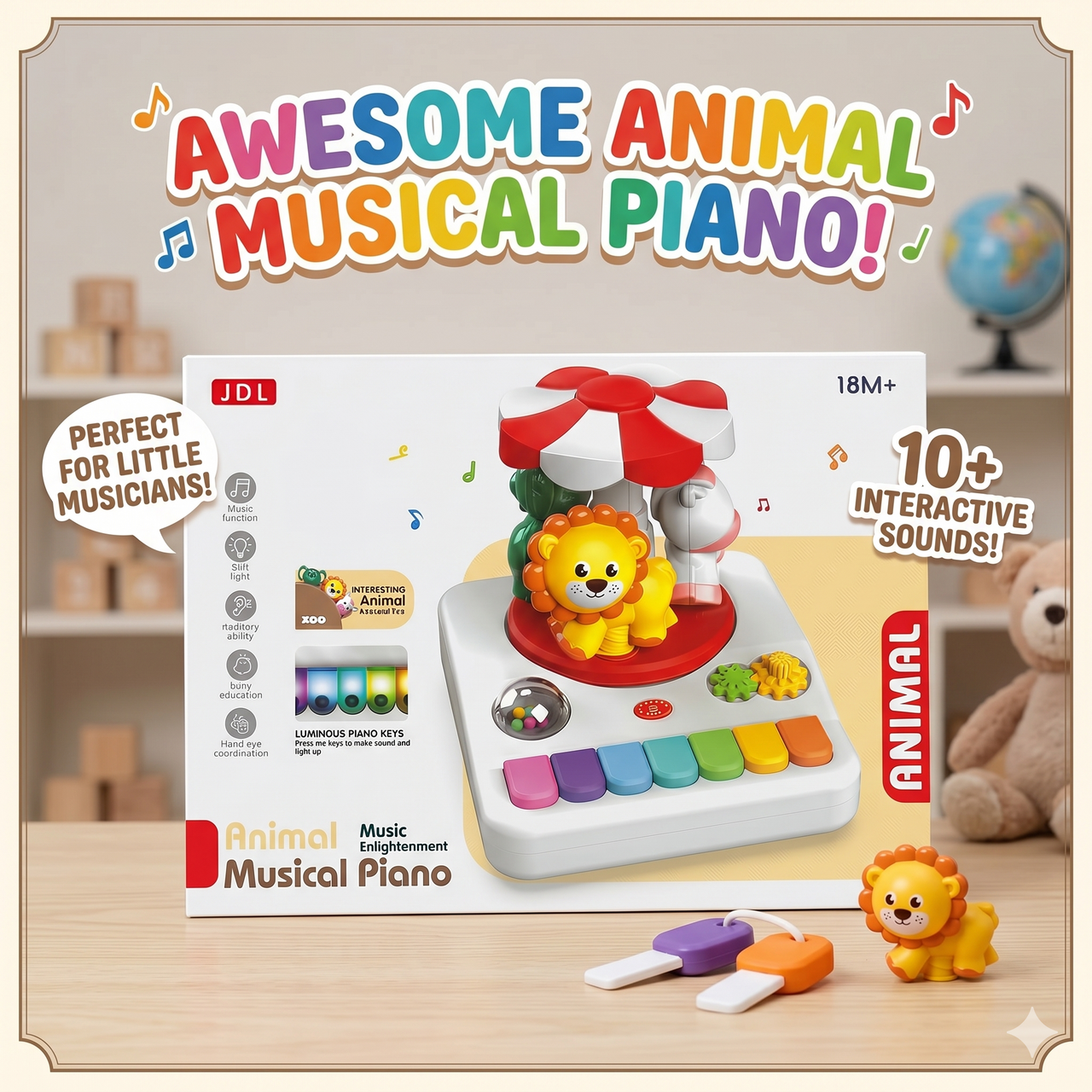 Awesome Animal Musical Piano With Sounds, Luminous Rainbow Keys & Spinning Carousel