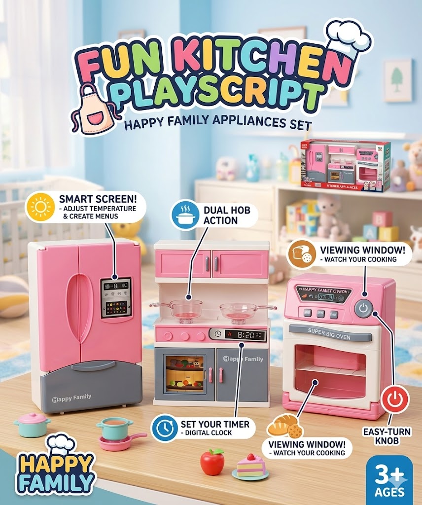 Happy Family Fun Kitchen Play Set Smart FridgeAnd Hob & Super Big Oven