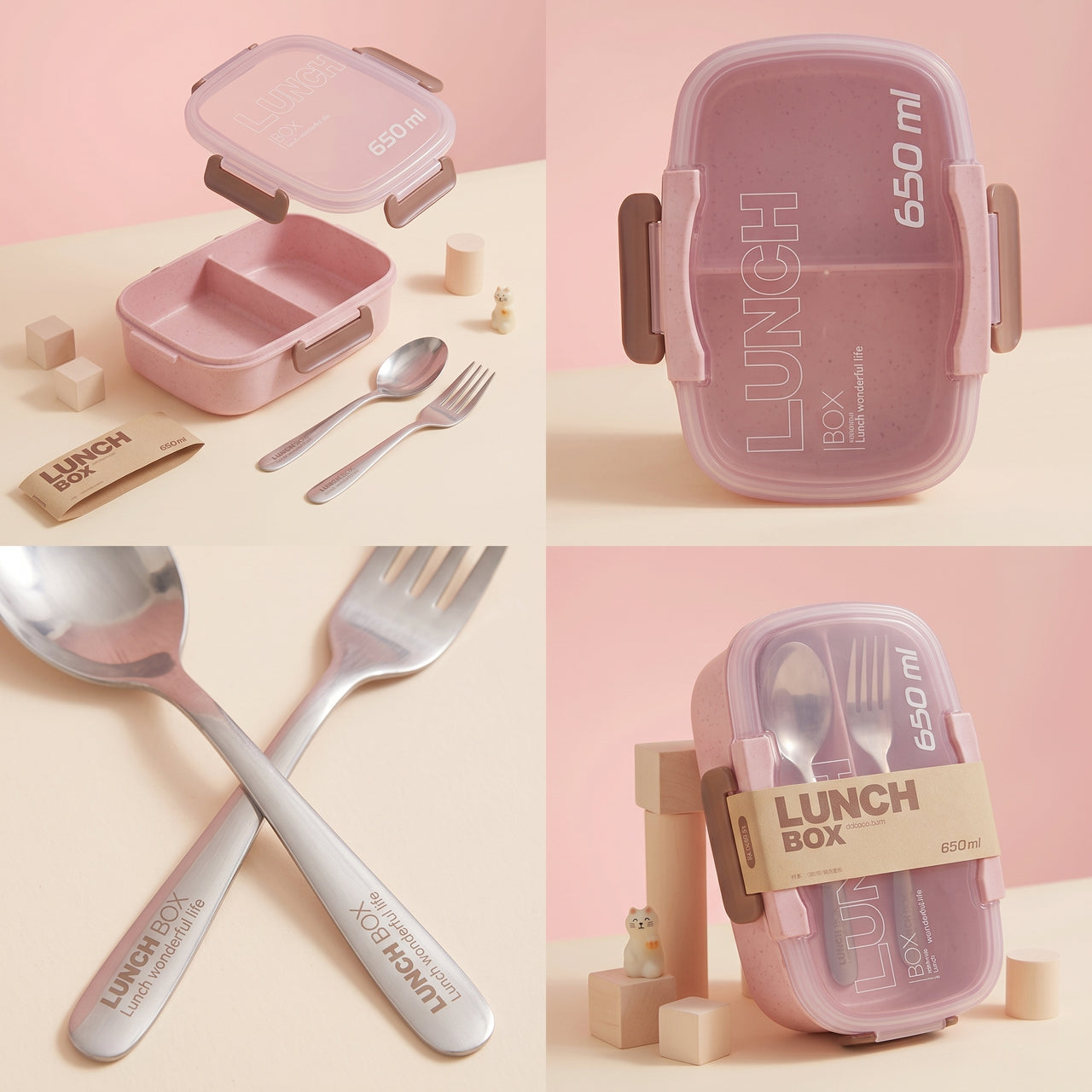 Portable Rounded Shape Lunch Box 650ml with Spoon & Fork