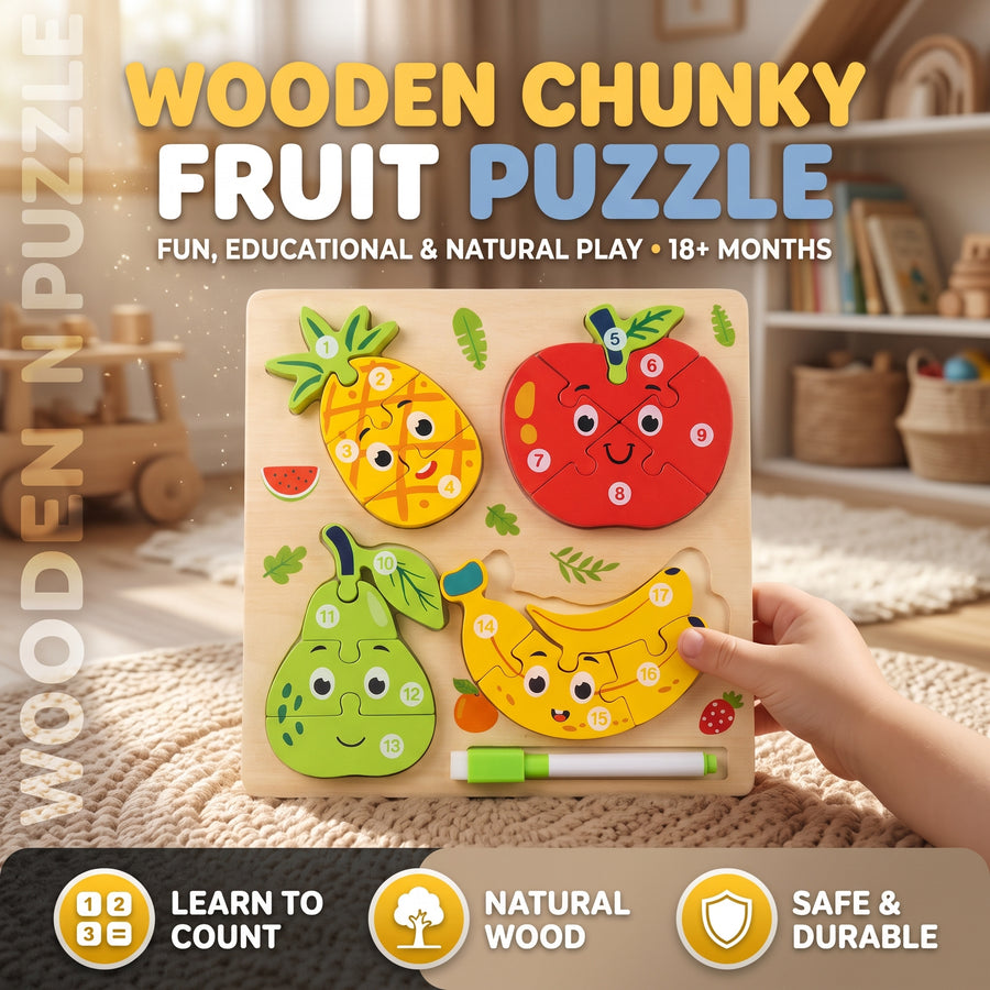 4 Fruit Number Chunky Board Puzzle Pineapple, Apple, Pear & Bananas