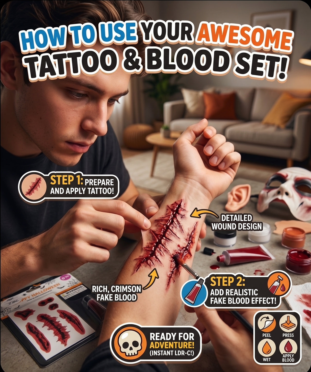 Halloween Fake Blood & Wound Tattoo Set Scary Costume