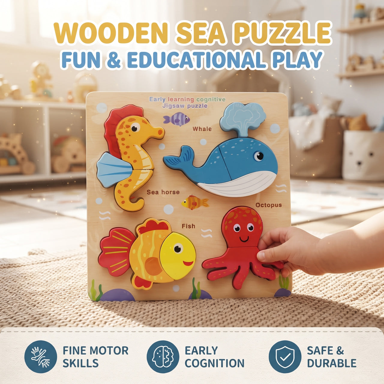 4 Sea Animal Chunky Board Puzzle Seahorse, Whale, Fish & Octopus