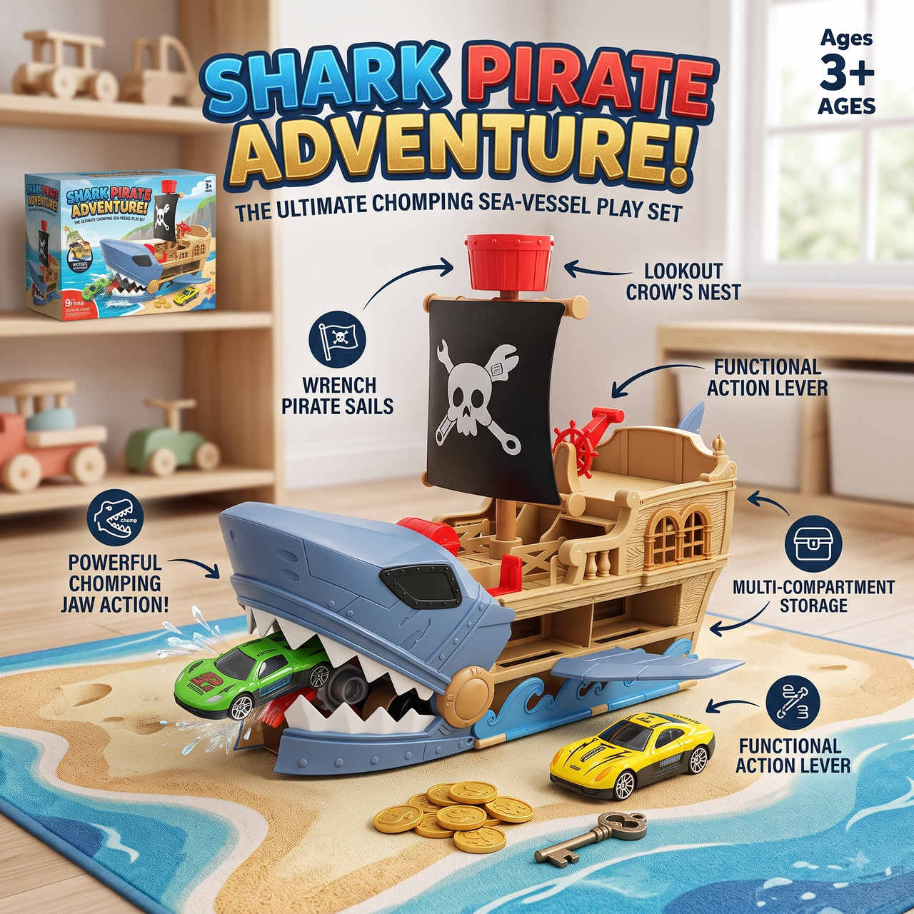 Shark Pirate Ship Car Launcher Playset with 2 Mini Cars