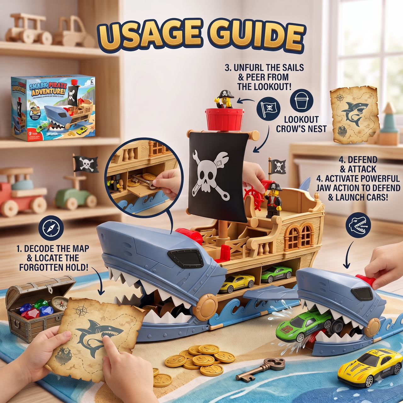 Shark Pirate Ship Car Launcher Playset with 2 Mini Cars