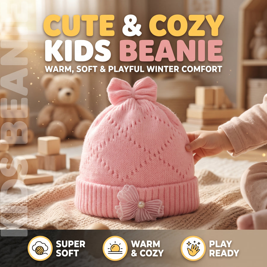 Kids Knitted Beanie with Bow & Flower Detail Baby Cap