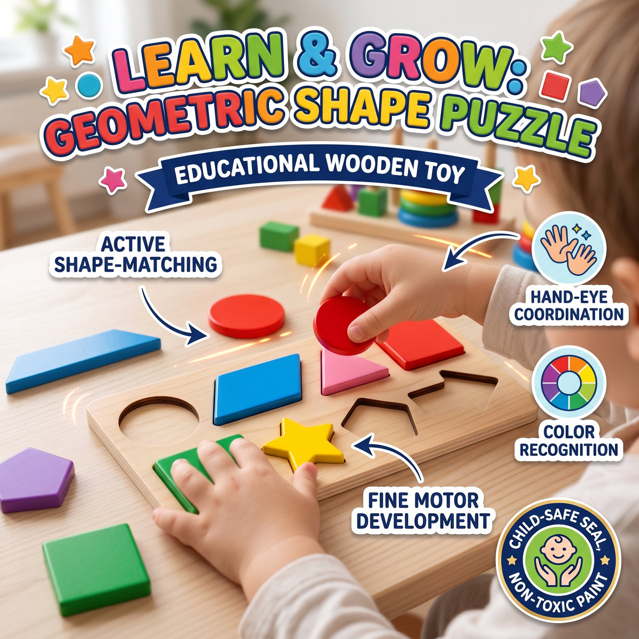 8-Piece Wooden Colour And Shape Puzzle Board Game