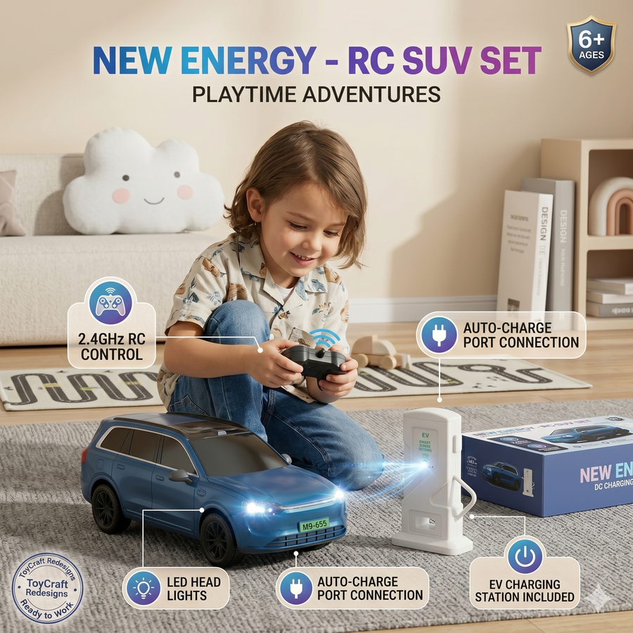 New Energy Electric RC SUV Car Toy Set – 2.4Ghz Remote Control Car with Simulation EV Charging Station