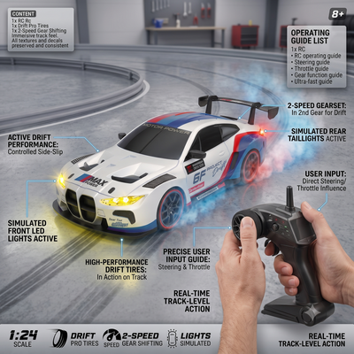 1:24 Scale Remote Control Drift Car With Pro Tires & Simulated Lights 2.4GHz
