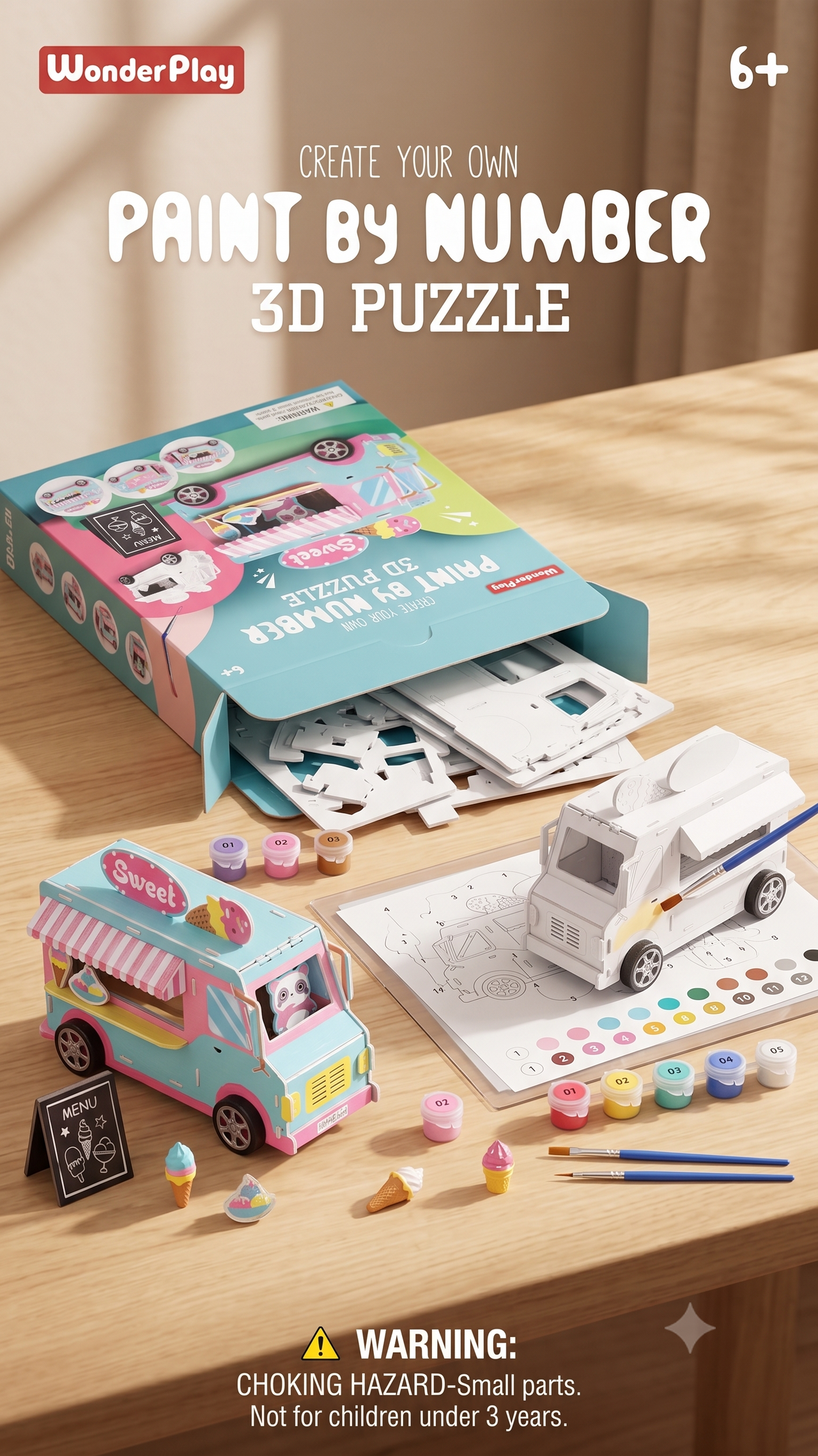 WonderPlay Create Your Own Paint by Number 3D Puzzle – Sweet Ice Cream Truck