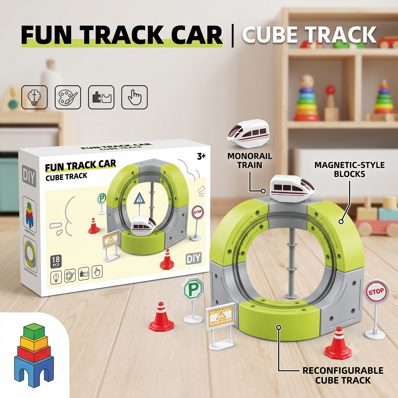 DIY Fun Cube Train Track Set 18 Pcs