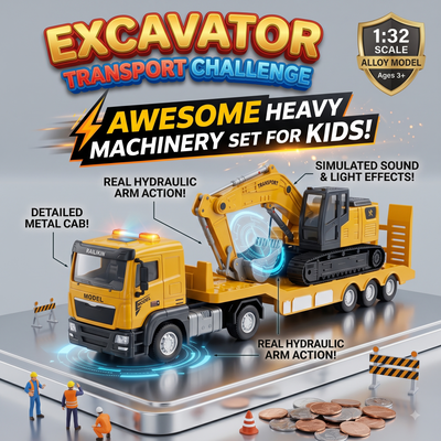 2 in 1 Die-Cast Flatbed Transport Truck with Excavator