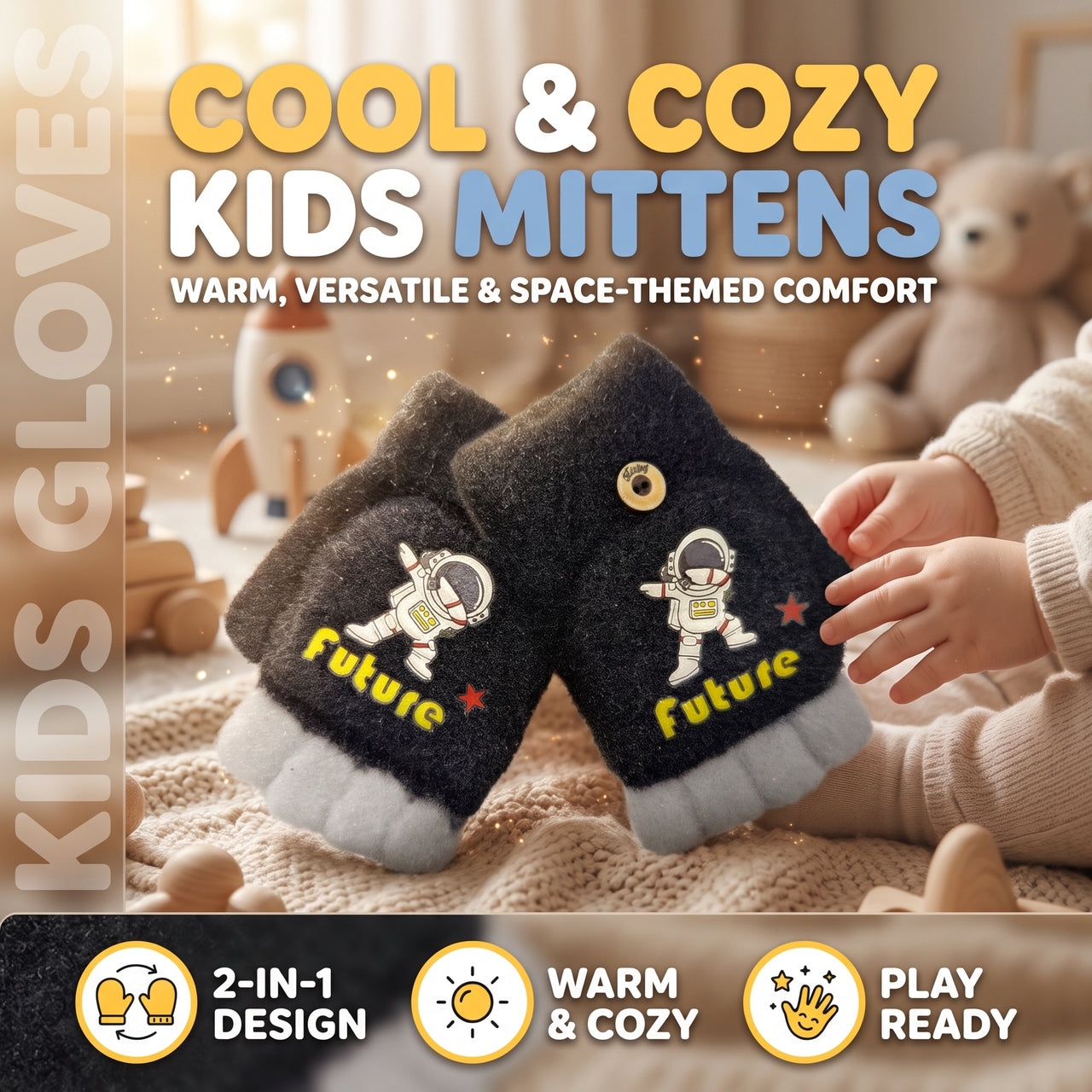 Kids Astronaut Winter Mittens with Future Design – 1 Pair