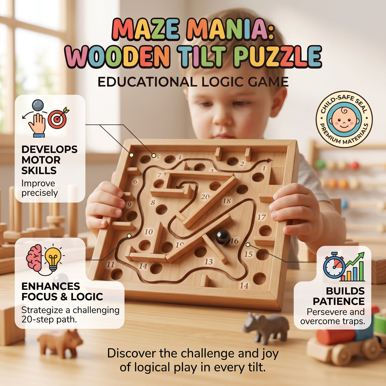 20-Hole Brain Teaser Wooden Marble Maze Ball Game