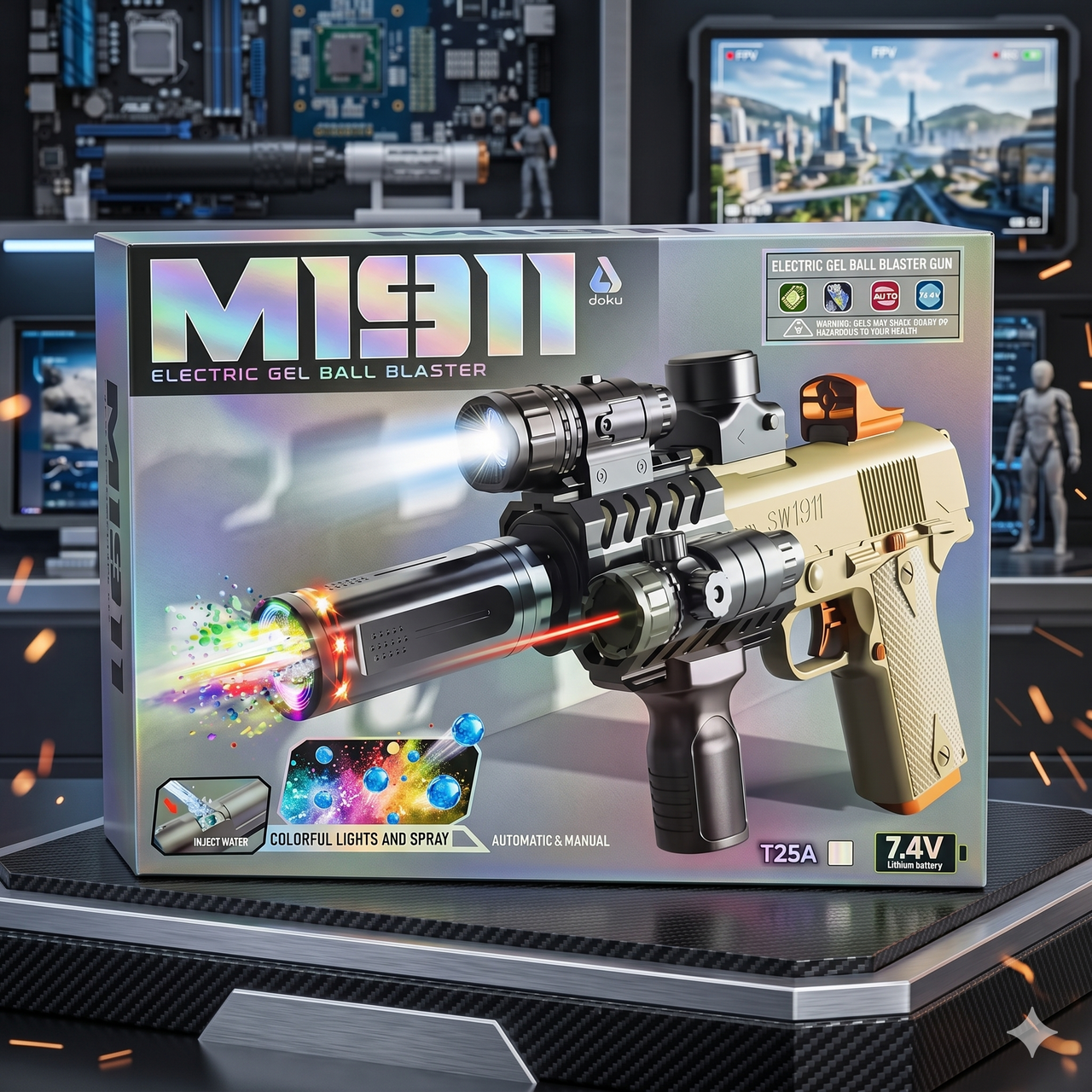 M1911 Automatic Electric Gel Ball Blaster Colorful Lights And Smoke Effect