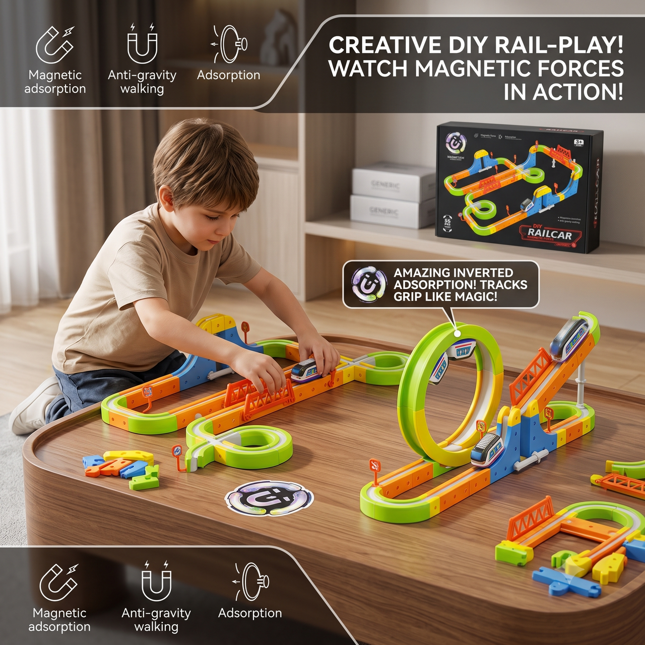 DIY Magnetic Rail Car Force Assembly Track Set for Kids