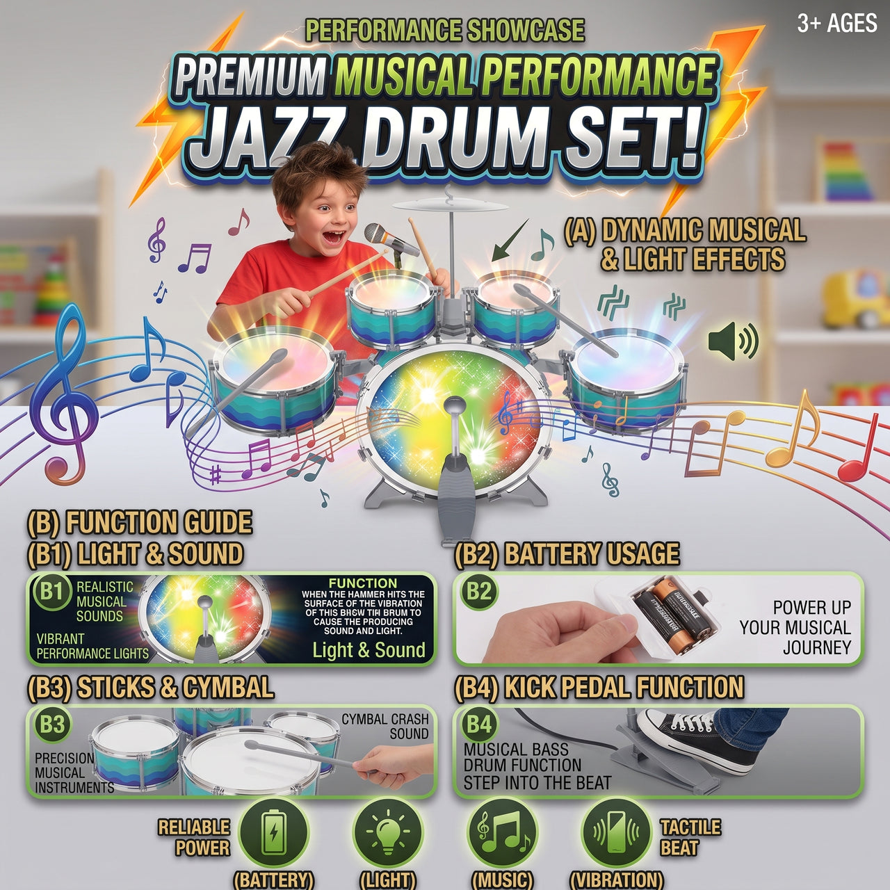 Jazz Musical Drum Toys Set With Light And Sound