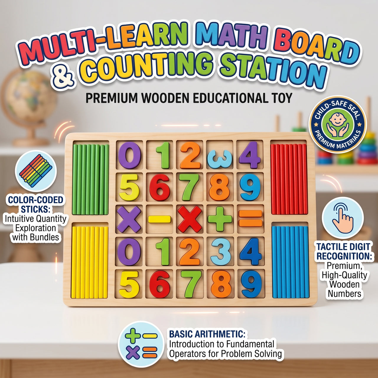 Wooden Numbers & Counting Sticks Maths Learning Board