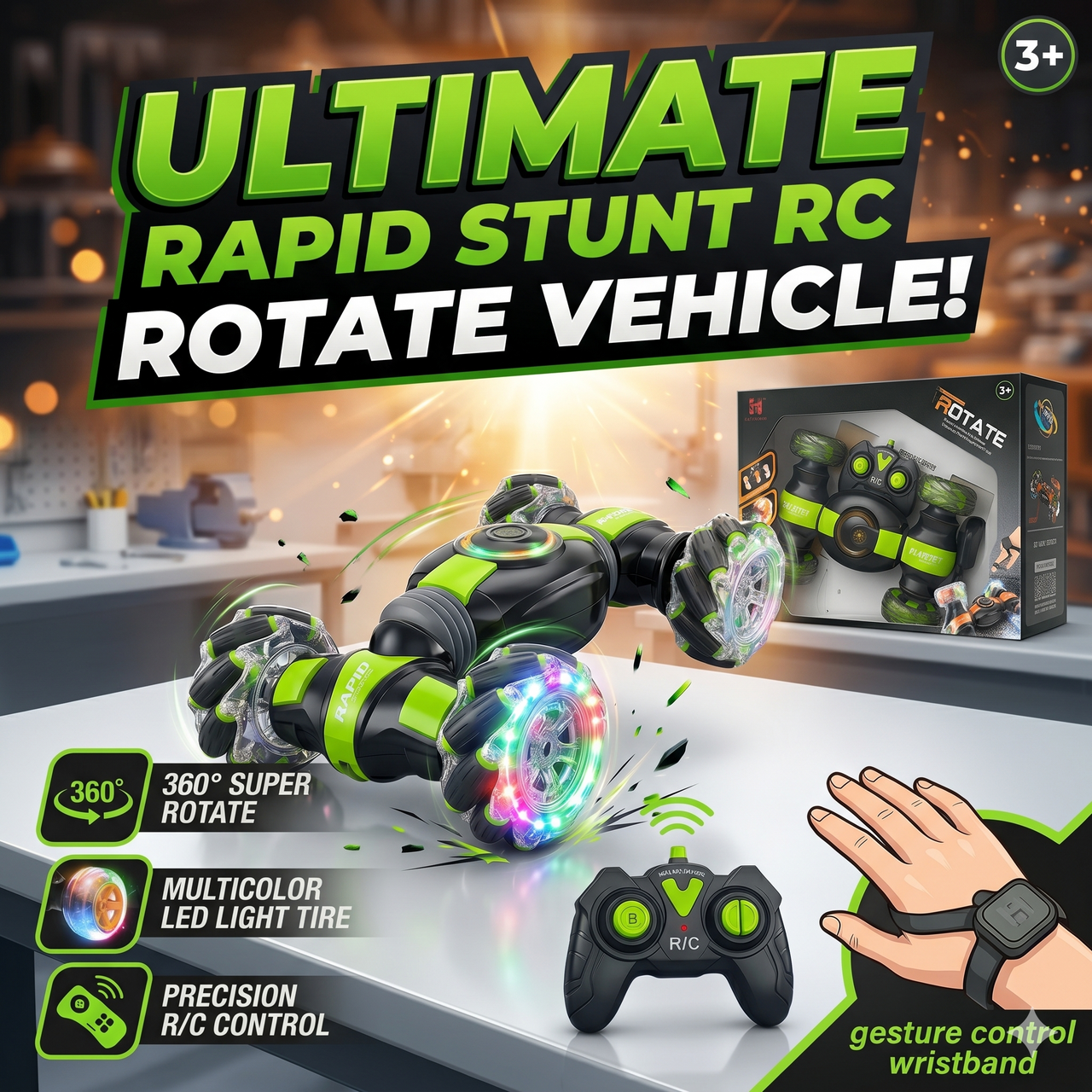 360 Rotation Remote Control And Hand Gesture Stunt Car with Lights And Music