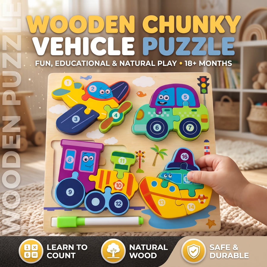 4 Transport Vehicle Number Chunky Board Puzzle Aeroplane, Car, Train & Boat
