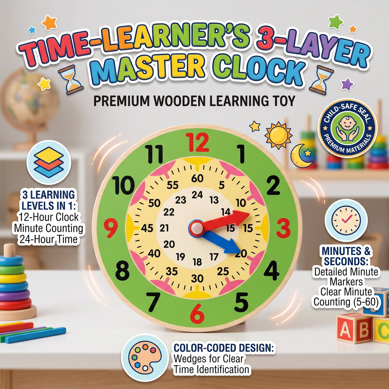 12 And 24 Hour Wooden Teaching Clock