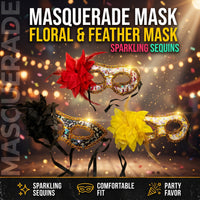 Thumbnail for Sequin Masquerade Eye Mask with Flower & Feather Detail (Assorted)